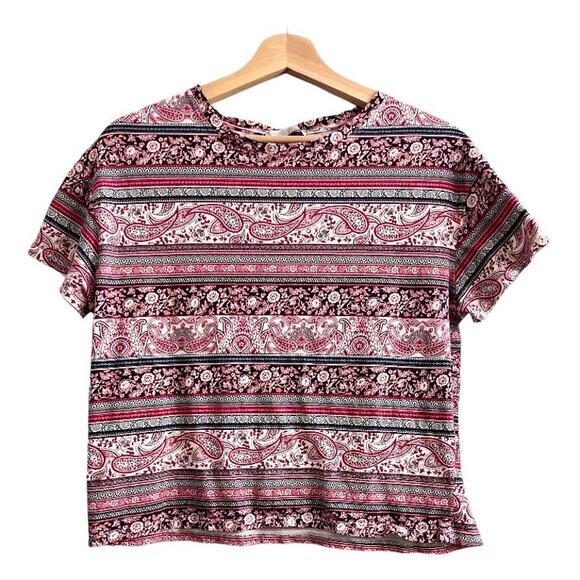 Zara Trafaluc MEDIUM Red Paisley Striped Floral Crop Tee Shirt T-Short Top - Picture 1 of 8